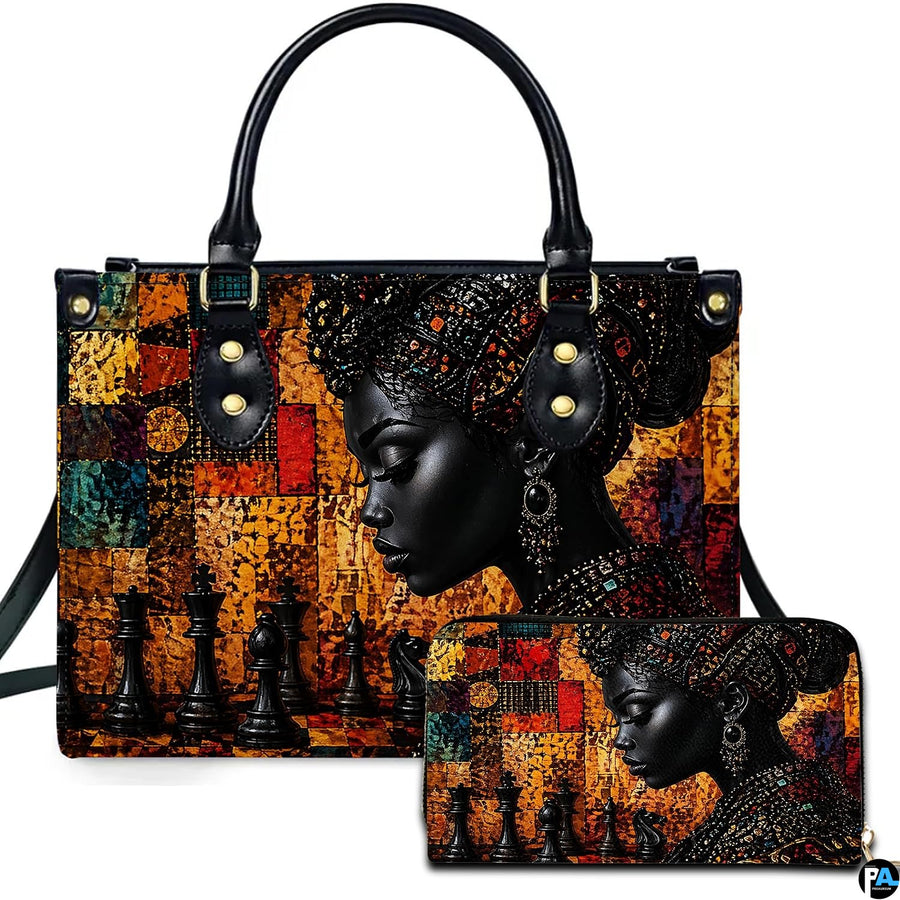 Front view showing regal Afrocentric chess queen portrait beside matching accessory surface.