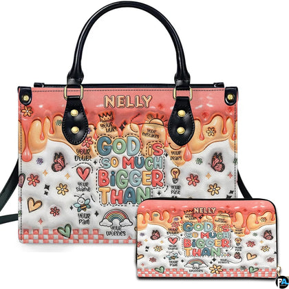 Front view of pastel doodle faith handbag and matching zip wallet on solid white background