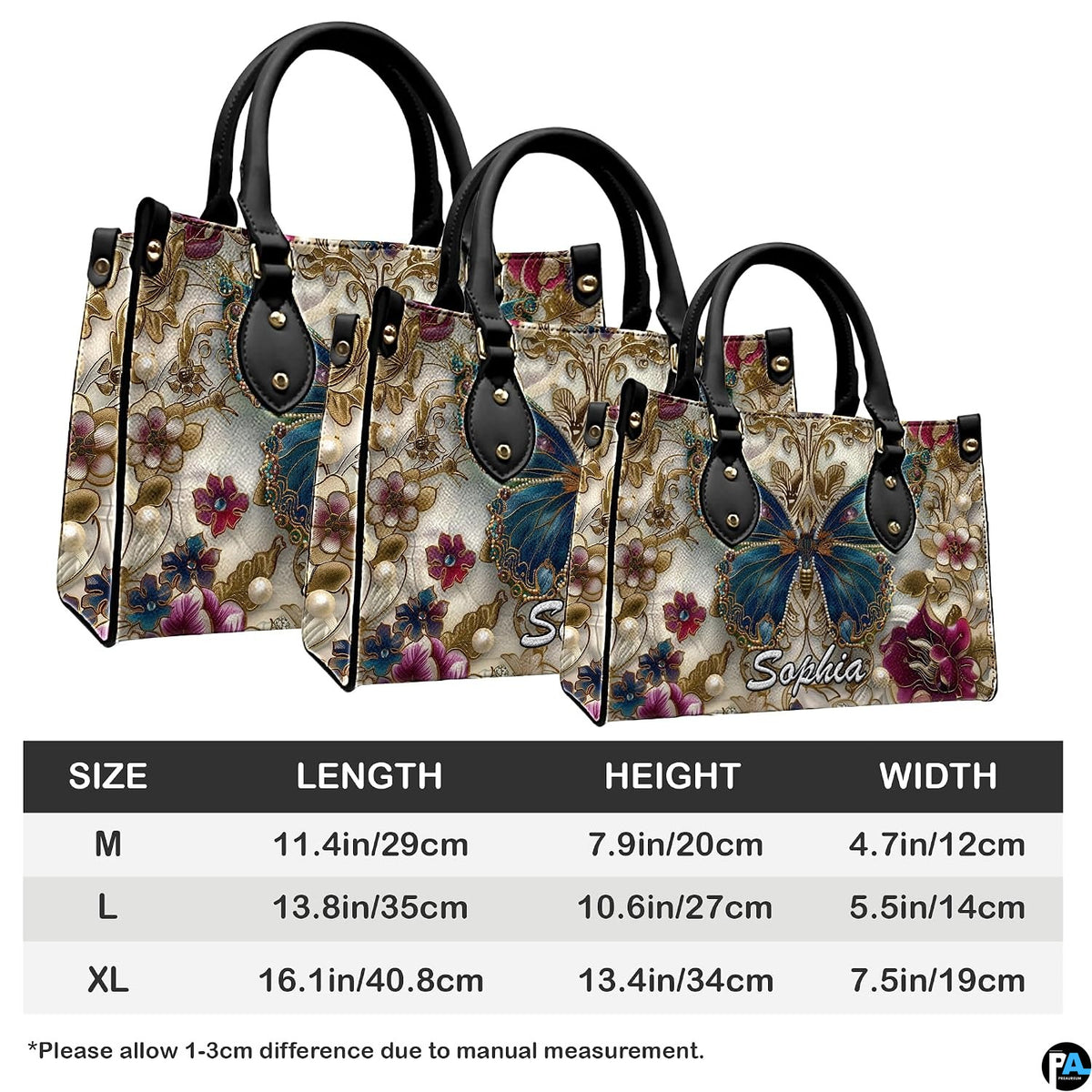 Side perspective view of baroque gold butterfly handbag and wallet pair