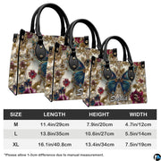 Side perspective view of baroque gold butterfly handbag and wallet pair