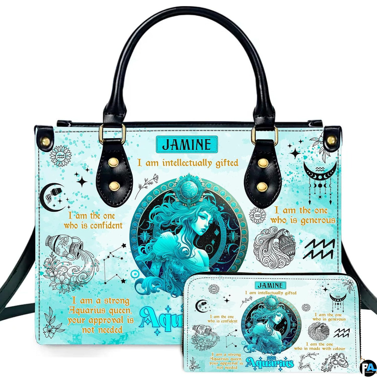 Front view of celestial water bearer goddess handbag and matching wallet set with cosmic waves