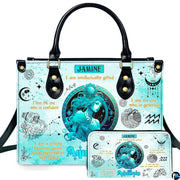 Front view of celestial water bearer goddess handbag and matching wallet set with cosmic waves
