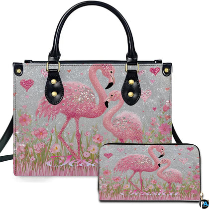 Front view of pink flamingo handbag and matching wallet set with sparkling crystal accents.