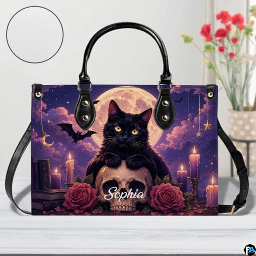 Black Cat Leather Bag – Vintage Cat Art Handbag, Stylish Animal-Themed Purse, Unique Gift for Cat Lovers