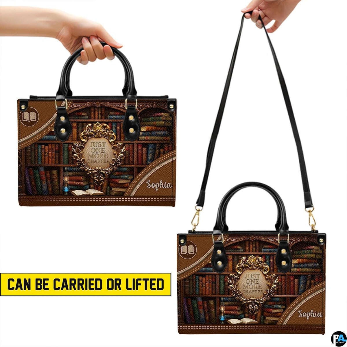 Bookshelf handbag carrying demonstration showing top handle and shoulder strap carry.