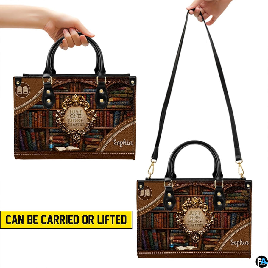 Bookshelf handbag carrying demonstration showing top handle and shoulder strap carry.