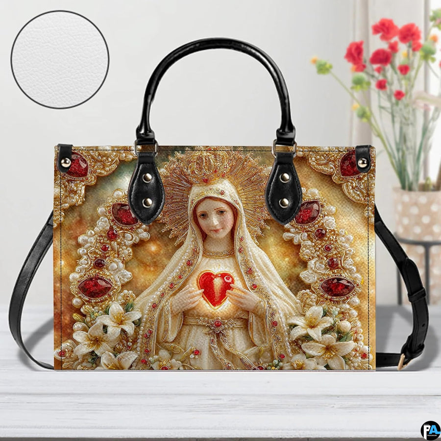 Model walking outdoors carrying Our Lady of Fatima devotional handbag.