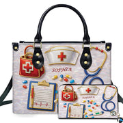 Close-up detail of nurse cap with red cross emblem, stethoscope bell, and scattered capsules.