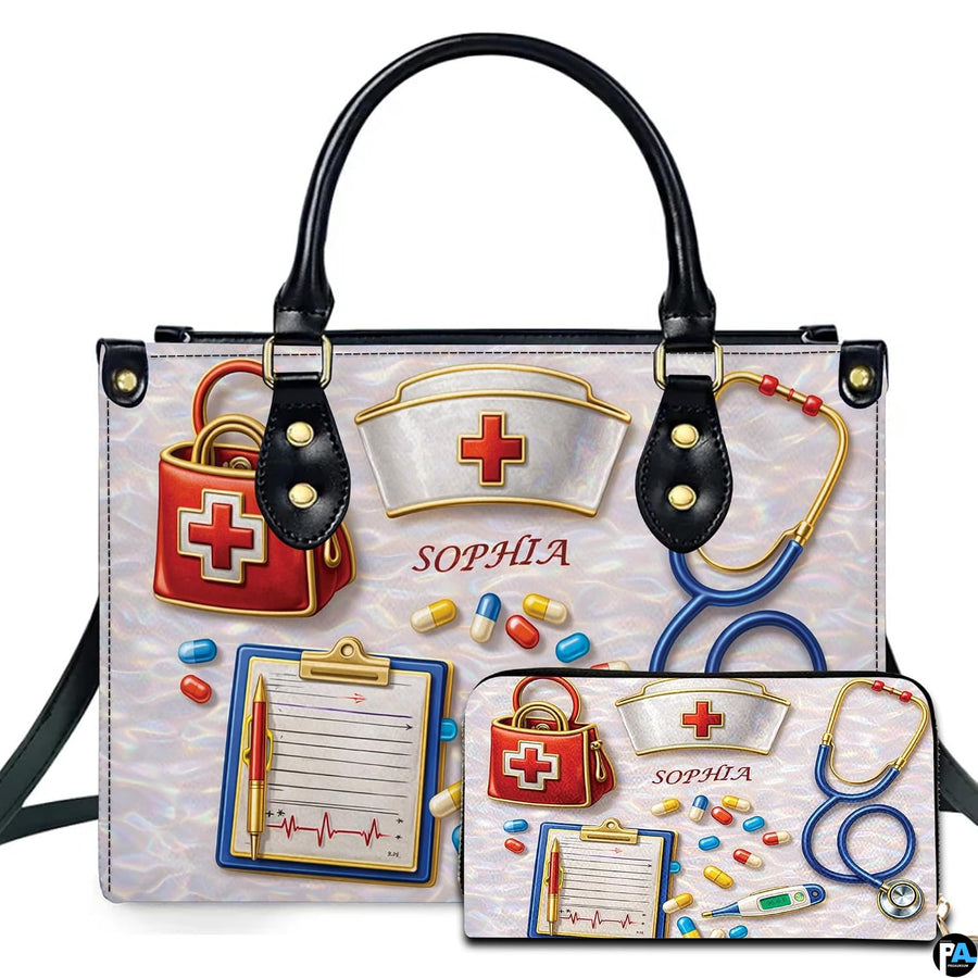 Close-up detail of nurse cap with red cross emblem, stethoscope bell, and scattered capsules.