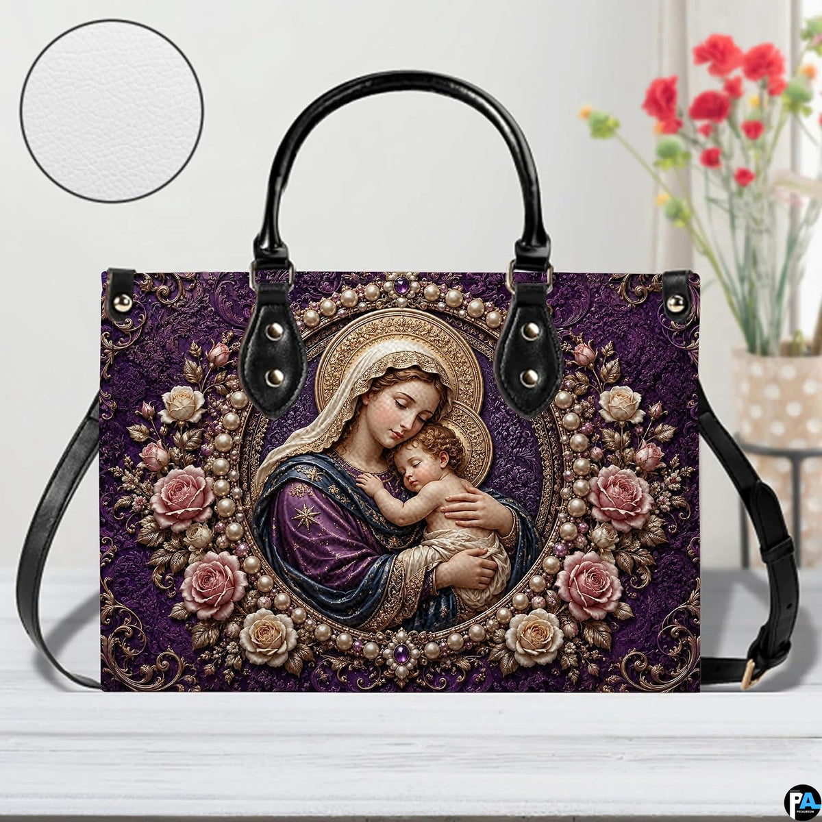 Front studio shot of royal purple devotional handbag with round material texture swatch