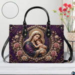 Front studio shot of royal purple devotional handbag with round material texture swatch
