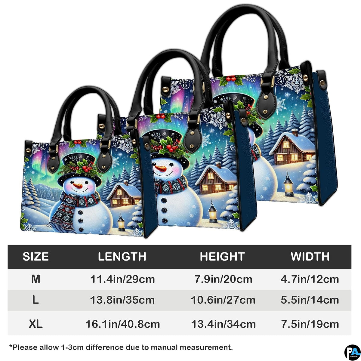 Interior compartment view of winter snowman handbag displaying inner lining and open storage space.