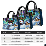 Interior compartment view of winter snowman handbag displaying inner lining and open storage space.