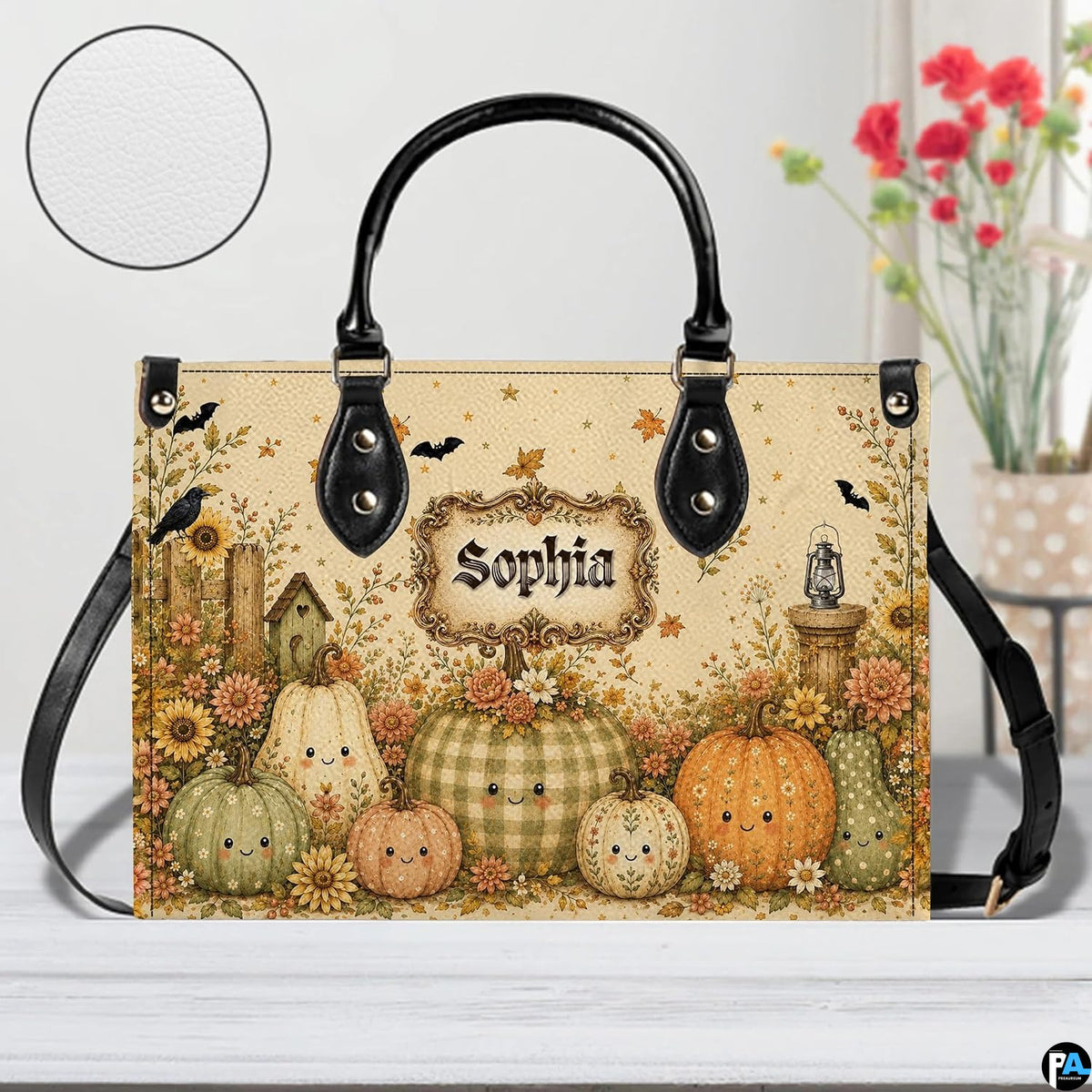 Tabletop presentation of smiling pumpkin artwork positioned beside floral vase and circular texture inset.