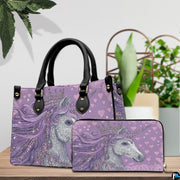 Side profile view of the unicorn handbag showing structured silhouette and black carrying handles.
