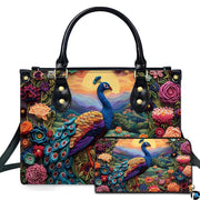 Peacock floral handbag and matching wallet with golden sun and mountain valley artwork