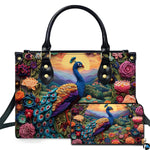 Peacock floral handbag and matching wallet with golden sun and mountain valley artwork