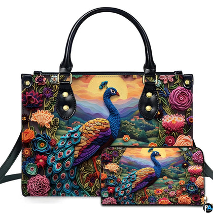 Peacock floral handbag and matching wallet with golden sun and mountain valley artwork
