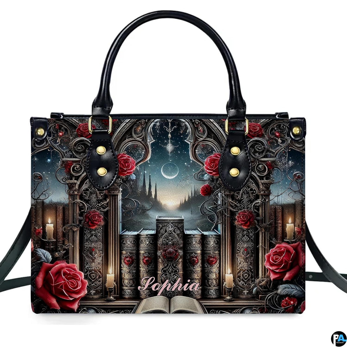 Isolated front view of gothic cathedral handbag showing stone window arch, grimoires, and crimson roses.