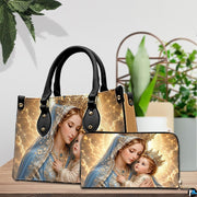 Interior view of Madonna and Child handbag showing spacious lining and compartment layout