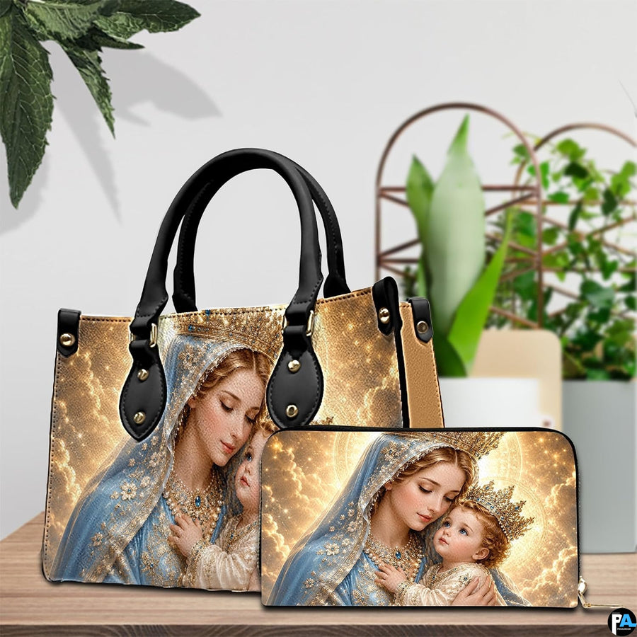 Interior view of Madonna and Child handbag showing spacious lining and compartment layout