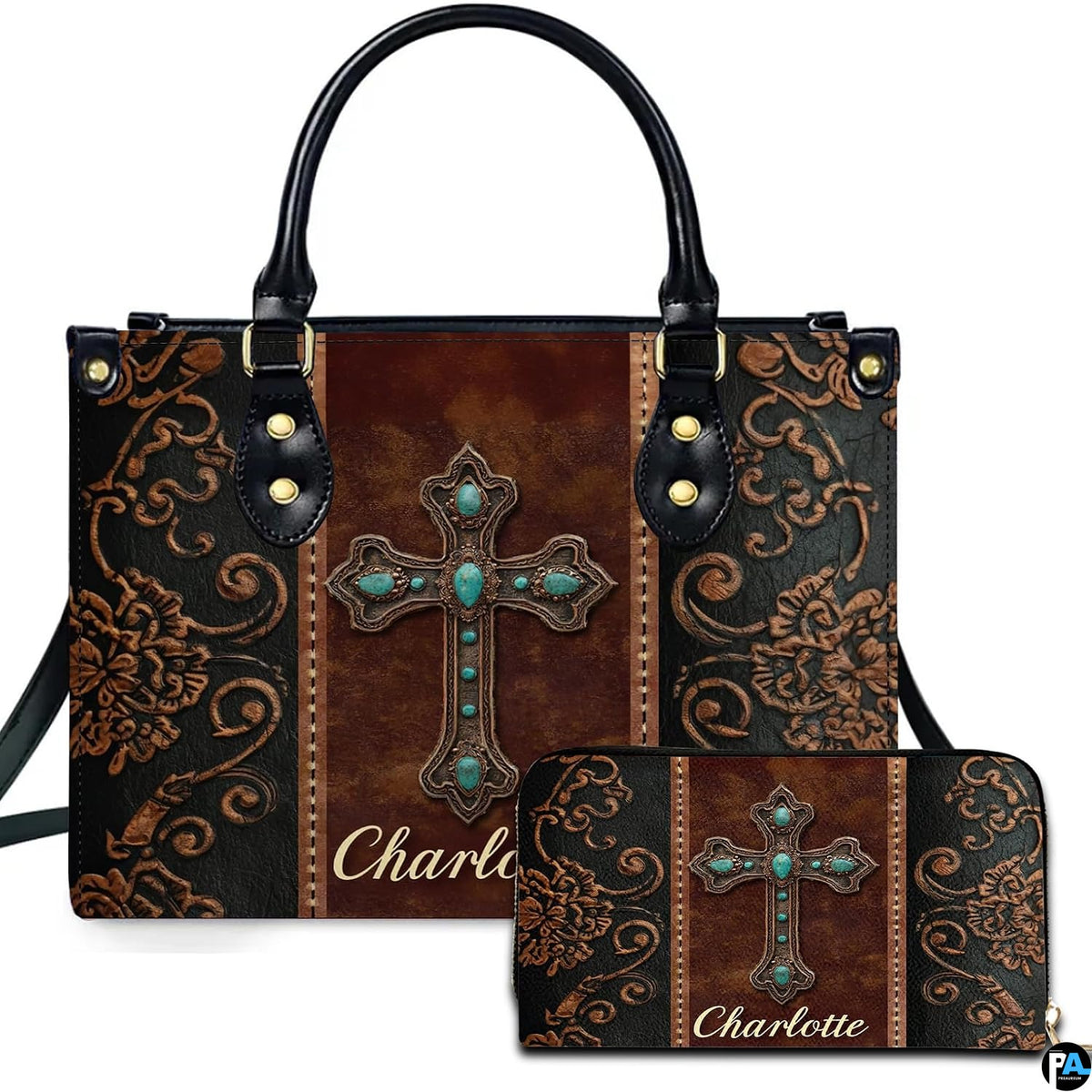 Western turquoise cross handbag and matching wallet set featuring ornate bronze filigree scrollwork.