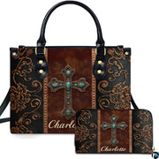 Western turquoise cross handbag and matching wallet set featuring ornate bronze filigree scrollwork.