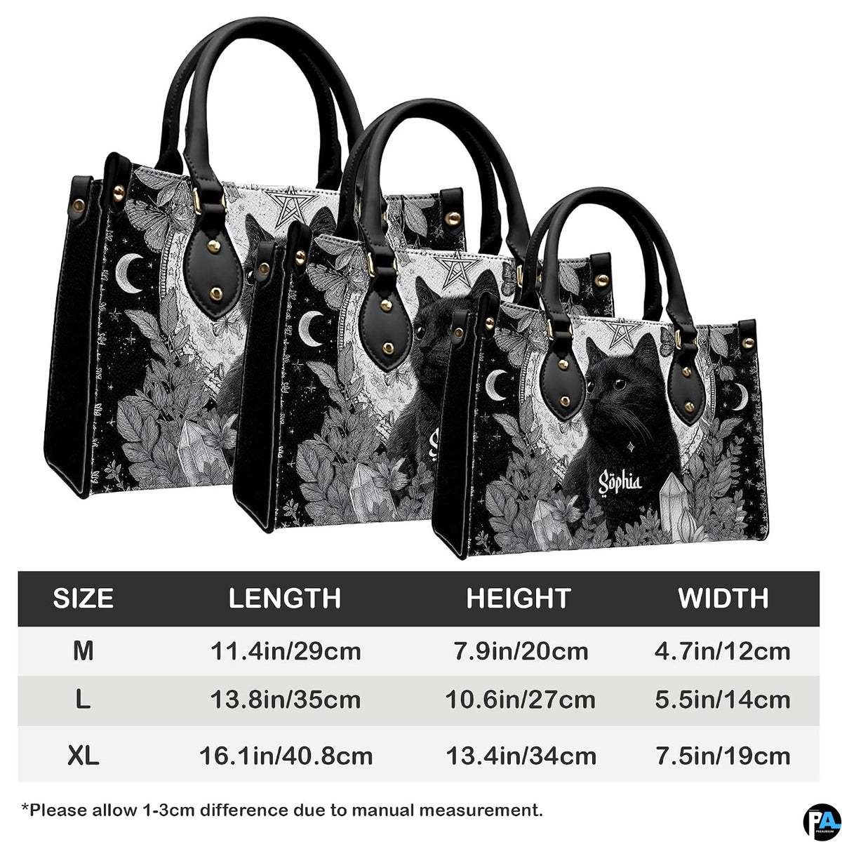 Gothic black cat handbag displayed on white table beside floral bouquet.