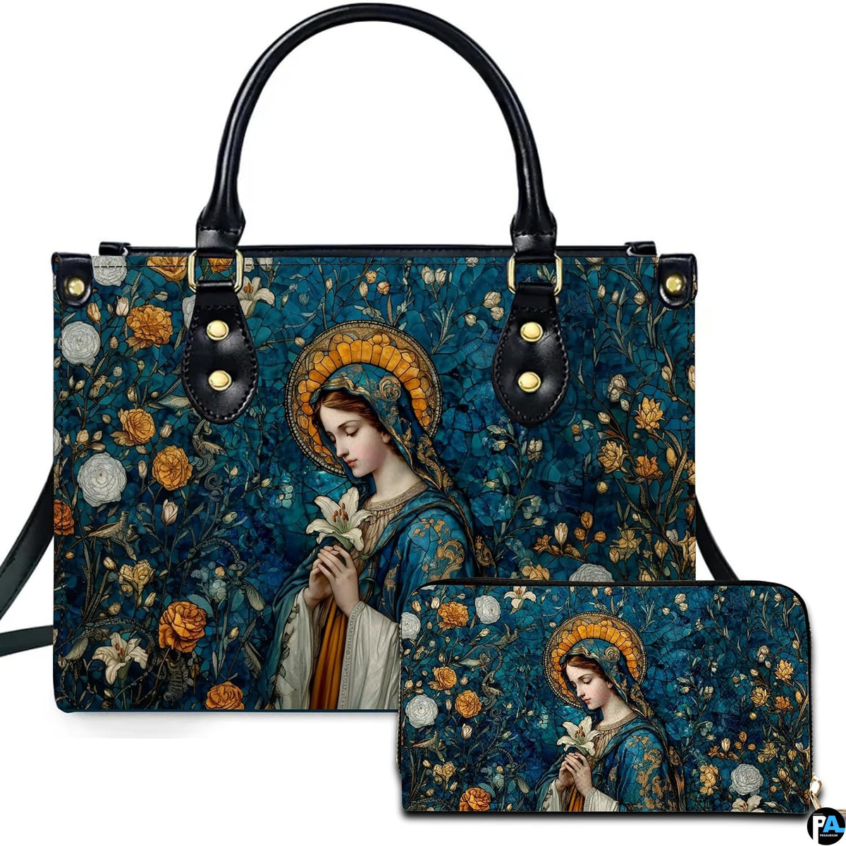 Front perspective of Madonna mosaic sacred art handbag shown alongside matching accessory with floral art