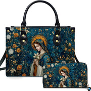 Front perspective of Madonna mosaic sacred art handbag shown alongside matching accessory with floral art