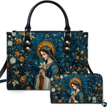 Front perspective of Madonna mosaic sacred art handbag shown alongside matching accessory with floral art