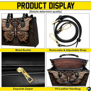 Feature collage illustrating top handles, carrying strap, secure closure, and open top interior view.