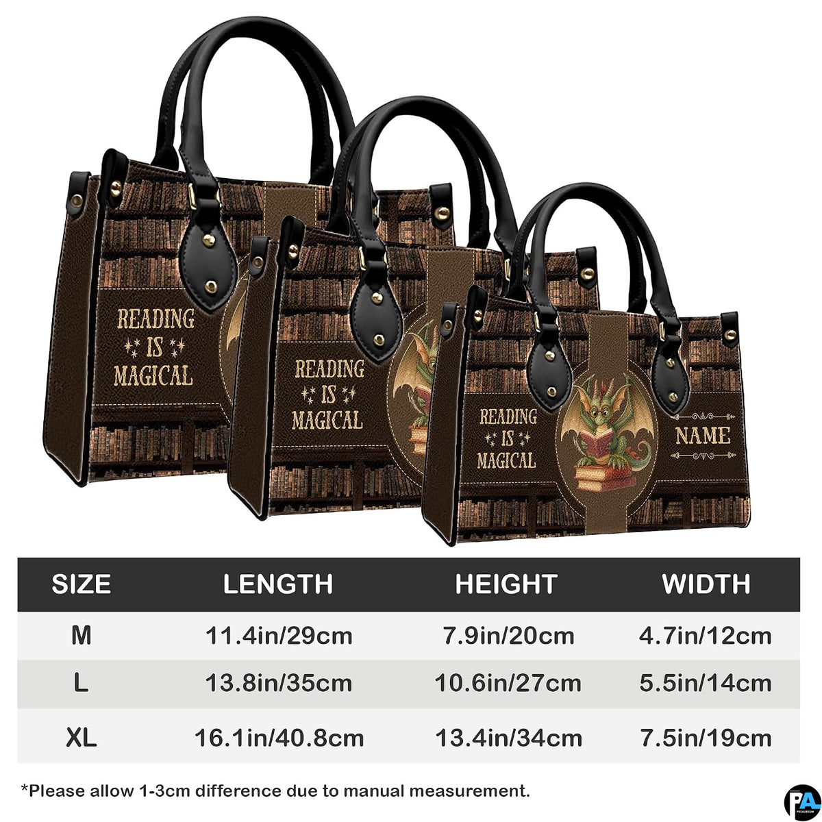 Three sizes of spectacled dragon handbag in medium, large, and extra-large with dimension table