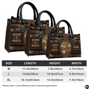 Three sizes of spectacled dragon handbag in medium, large, and extra-large with dimension table