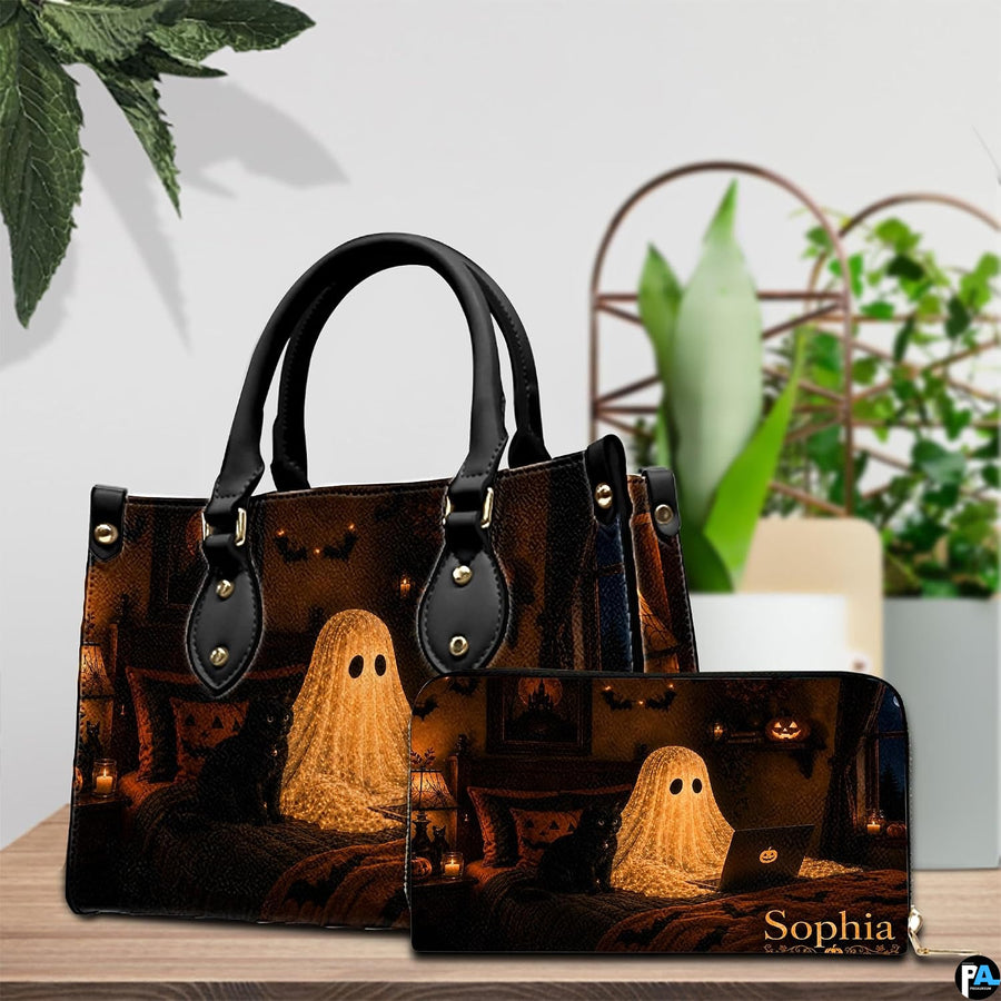 Tabletop scene showing glowing ghost art accessory resting beside indoor decorative plant.