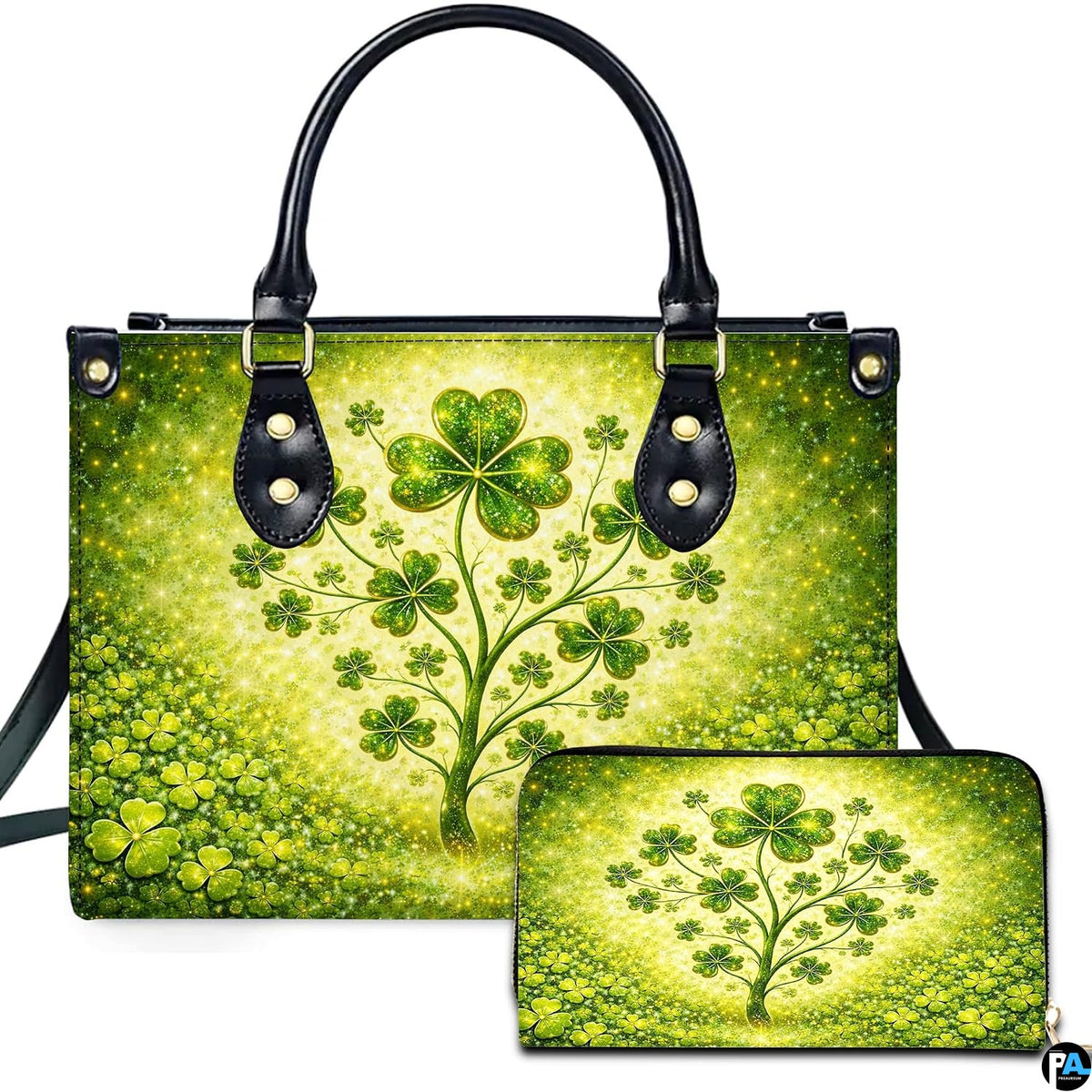 Clover tree handbag and matching wallet with luminous green botanical artwork
