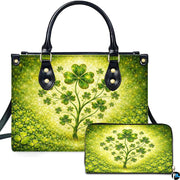 Clover tree handbag and matching wallet with luminous green botanical artwork