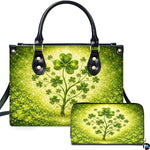 Clover tree handbag and matching wallet with luminous green botanical artwork