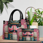 Paired items featuring the identical Nutcracker soldier art motif on a wooden surface with greenery
