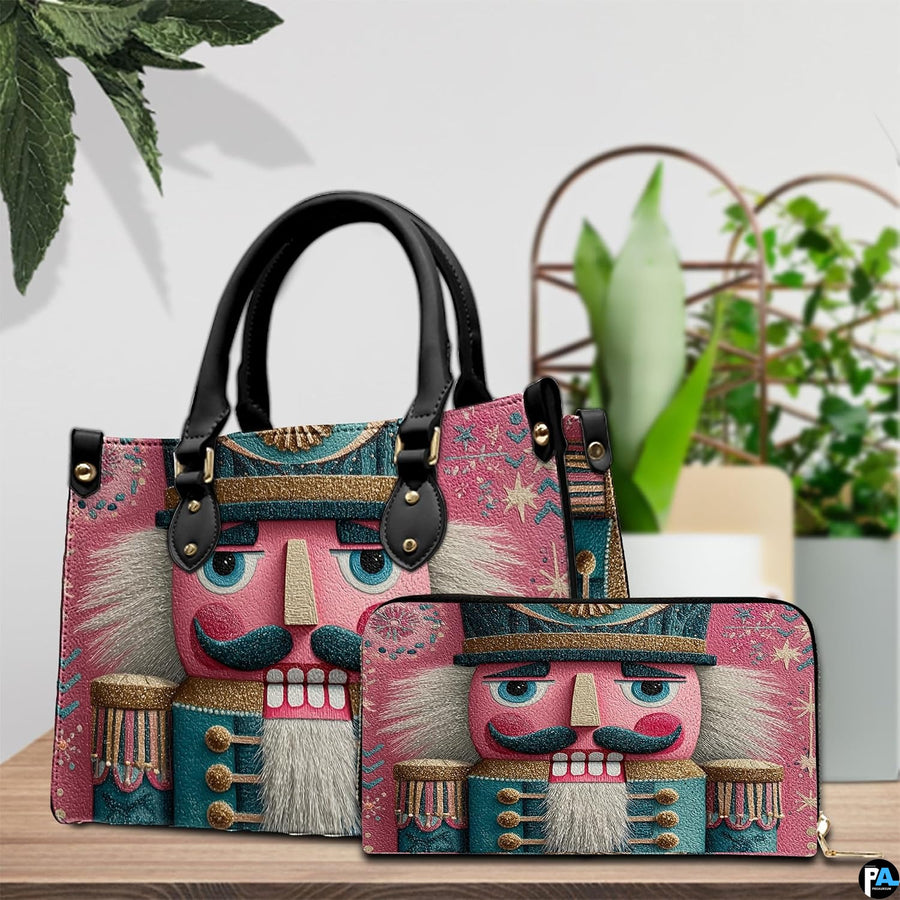 Paired items featuring the identical Nutcracker soldier art motif on a wooden surface with greenery