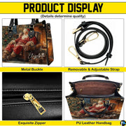 Side profile view of handbag showcasing continuous holiday print placement