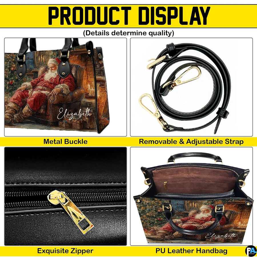 Side profile view of handbag showcasing continuous holiday print placement