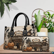 Outdoor lifestyle perspective of person holding the spooky autumn art accessory on a pathway.