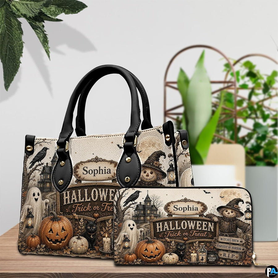 Outdoor lifestyle perspective of person holding the spooky autumn art accessory on a pathway.