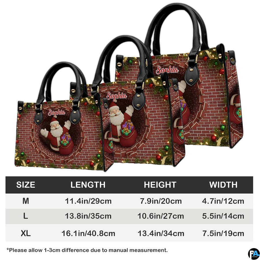 Measurement chart indicating product dimensions for holiday chimney handbag.