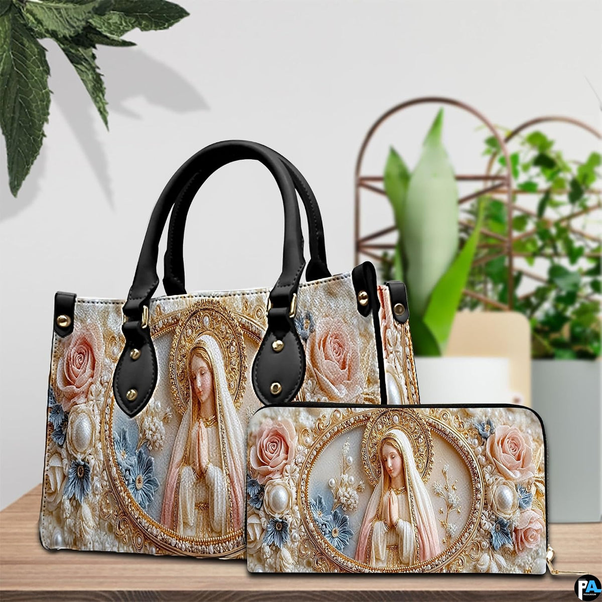 Bottom view displaying flat base and protective metal stud feet of the religious handbag.