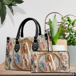 Bottom view displaying flat base and protective metal stud feet of the religious handbag.