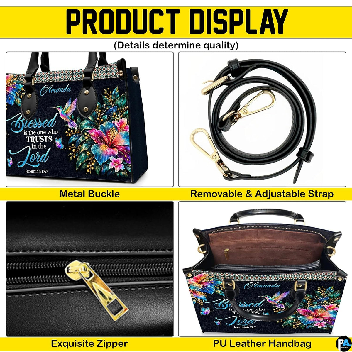 Four-panel showcase illustrating design details, hardware, and interior layout.