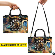 Demonstration illustrating hand carry and shoulder strap carry for Celestial Lion Satchel Handbag.