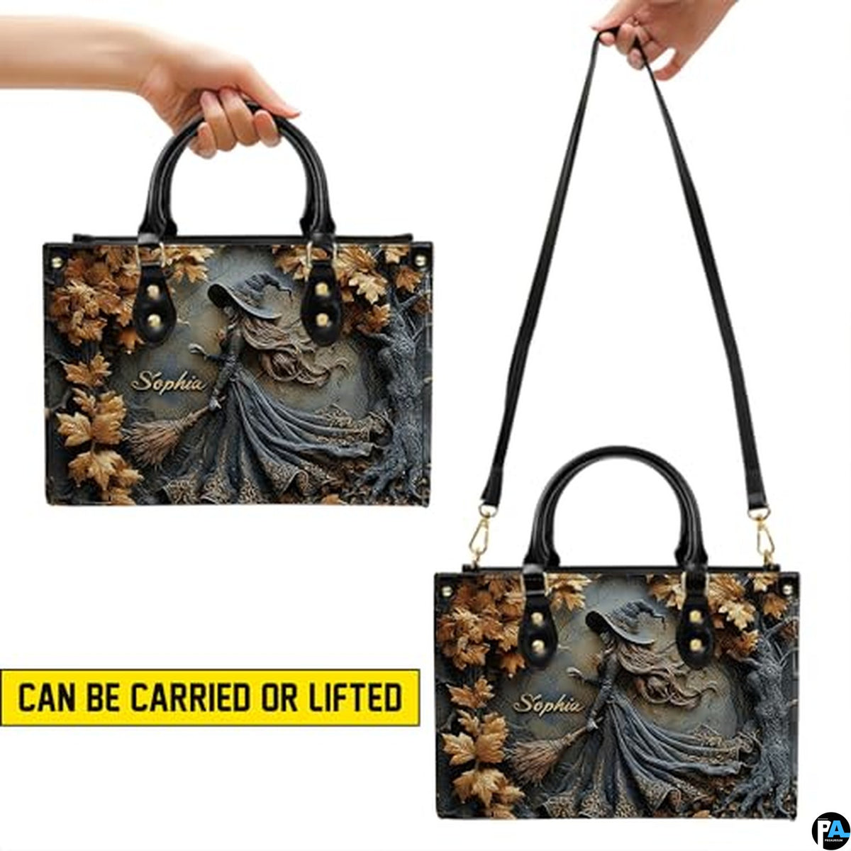 Personalized Halloween Leather Handbag – Custom Witch 3D Printing Effect Purses For Women – Spooky Gothic Shoulder Bag